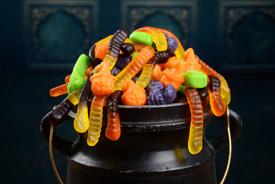 closeup halloween candy in cauldron