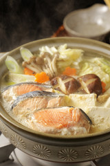 石狩鍋　Japanese style hot pot with salmon and vegetabels