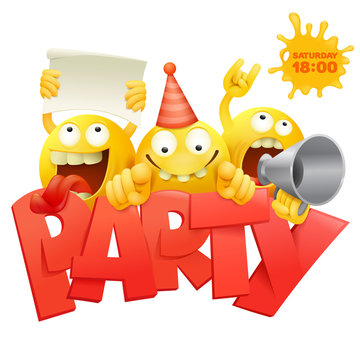 Smiley yellow faces group emoticon characters with Party invitation card