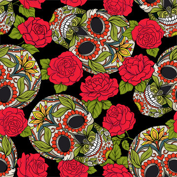 Seamless pattern, background with sugar  skull and red roses. Stock vector illustration.