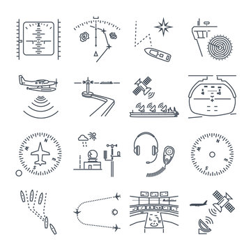 set of thin line icons sea and air navigation, piloting, equipment, devices