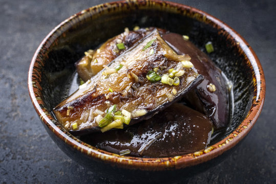 Traditional Japanese pickled eggplant as close-up in a bowl