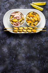 Seafood cocktail- mussels, calamari, octopus. Top view, space for test.