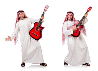 Arab man playing guitar isolated on white