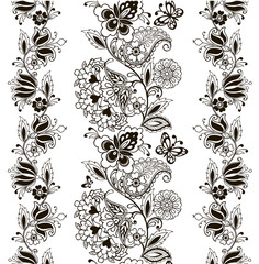 Monochrome Striped Flower Ornament with Paisley. Hand drawn flowers and butterflies for the anti stress coloring page