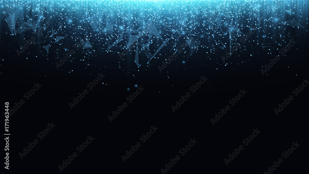 Poster abstract polygonal background from connected triangles and dots. glowing particles and blue rays of 