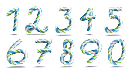 Numbers Sign Set Vector. 3D Numerals. Figures 1, 2, 3, 4, 5, 6, 7, 8, 9, 0. Christmas Colours. Blue, Green Striped. Classic Xmas Mint Hard Candy Cane. New Year Design. Isolated On White Illustration