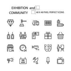 EXHIBITION and COMMUNITY vector illustration thin line 48x48 Pixel Perfect 20 icon set for business on-line marketing person technology broadcasting auction jewelry advertisement. Editable Stroke
