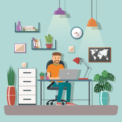 Man vector character working in the  office or home. Freelance work. Workspace vector illustration.
