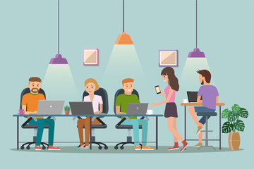 Vector illustration of coworking space. Working place, office. People working in the  office. Flat design.