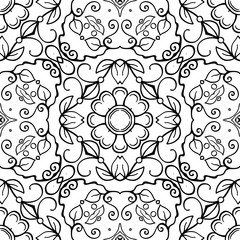 Seamless pattern, background with geometric floral abstract pattern. Stock line vector illustration. Outline hand drawing coloring page for adult coloring book.
