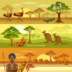 Australia travel banner. Outdoors australia people and animals kangaroo ostrich australian aborigines