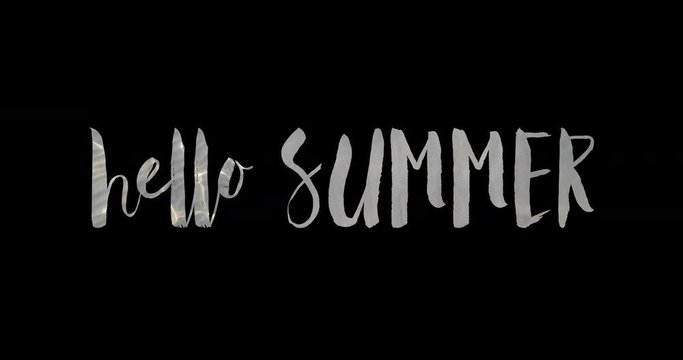 Hello summer quote isolated in black background, bright sea waves into a calligraphic handwritten lettering. Perfect as text title of your videos!