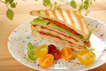Fresh sandwiches on wooden background