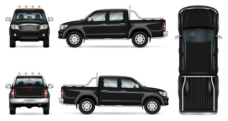 Black pickup truck vector mock up for car branding and advertising. Pick up car template on white. Elements of corporate identity. All layers and groups well organized for easy editing and recolor. - obrazy, fototapety, plakaty