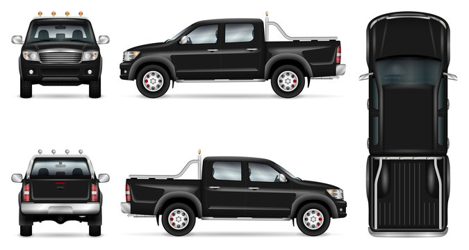 Black pickup truck vector mock up for car branding and advertising. Pick up car template on white. Elements of corporate identity. All layers and groups well organized for easy editing and recolor.