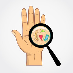 Magnifying glass and bacterial cells on human palm vector illustration.