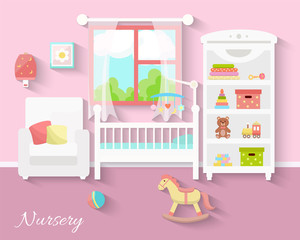 Flat design. Baby room with a  shelf,  toys, cot, bedside  table, armchair  and rug. Children's room.