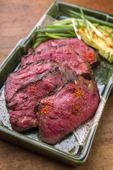 Japanese Kobe steak fillet with avocado as close-up on a plate