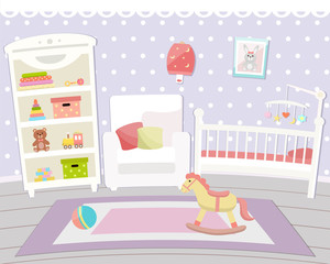 Flat design. Baby room with a  shelf,  toys, cot, bedside  table, armchair  and rug. Children's room.