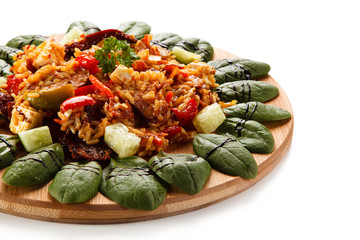 Chicken meat with rice on white background