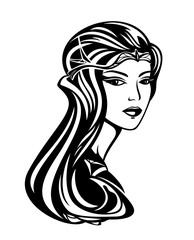 beautiful queen with long gorgeous hair - black and white art nouveau style vector portrait