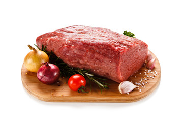 Fresh raw beef sirloin on cutting board on white background 