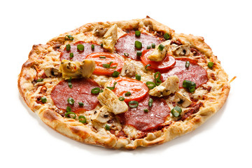 Pizza salami and artichoke on white background 