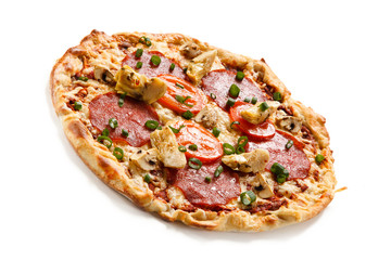 Pizza salami and artichoke on white background 