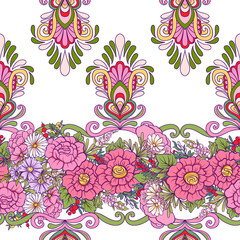 Floral seamless pattern with butterflies  Stock line vector illustration. On white background.