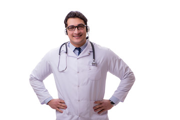 Young doctor with phone headset isolated on white