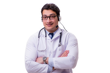 Young doctor with phone headset isolated on white