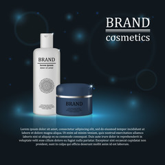 3D realistic cosmetic bottle ads template. Cosmetic brand advertising concept design with glitters and bokeh background