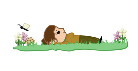 Cartoon Woman Character Lying in Garden