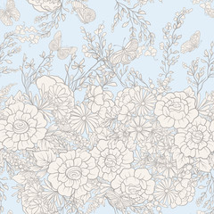 Floral seamless pattern with butterflies. Stock vector illustration. In vintage blue colors