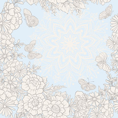Fototapeta premium Floral seamless pattern with butterflies. Stock vector illustration. In vintage blue colors