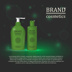 3D realistic cosmetic bottle ads template. Cosmetic brand advertising concept design with glitters and bokeh background