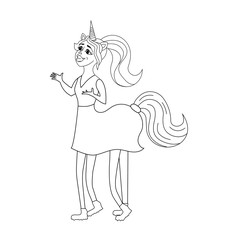  Lines silhouette girl unicorn with mane and horn. Unicorn sticker on rainbow background. Unicorn sticker, patch badge.