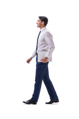 Naklejka premium Businessman walking standing side view isolated on white backgro