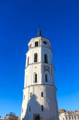 Fototapeta na wymiar Vilnius, Lithuania. Close Up View Of Bell Tower Of Cathedral Basilica Of St. Stanislaus And St. Vladislav On Cathedral Square