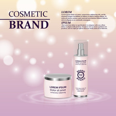 3D realistic cosmetic bottle ads template. Cosmetic brand advertising concept design with glitters and bokeh background