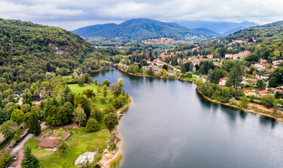 Fototapeta na wymiar Aerial view of Ghirla lake in province of Varese, Italy