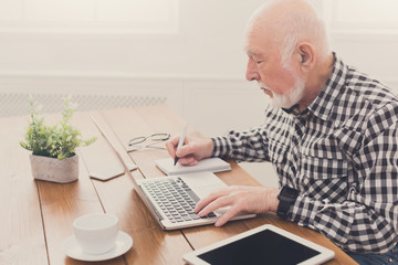 Fototapeta na wymiar Mature man using laptop and writing in notepad