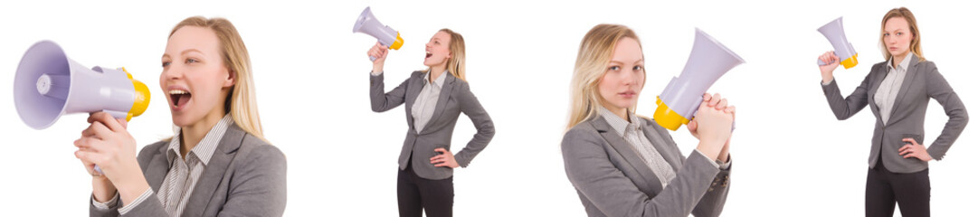 Naklejka premium Businesswoman with bullhorn isolated on white