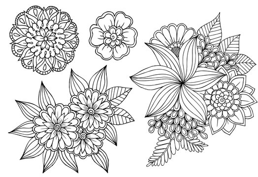 Black and white set of doodle flower elements for design or coloring