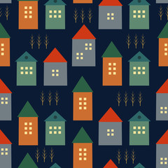Cute houses and autumn trees seamless pattern on dark blue background. Scandinavian style illustration. Autumn landscape design for textile, wallpaper, fabric.