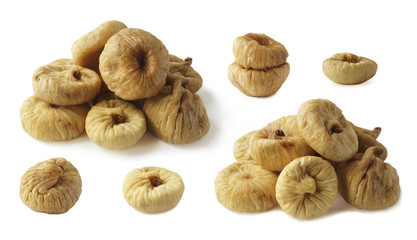 Set of figs isolated on white background. Collage of dried fruit with copy space for text