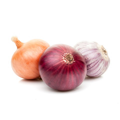 onions and garlic isolated on white background