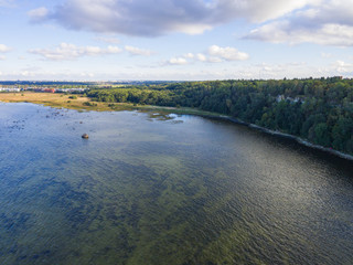 Areal view green forest with sea