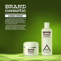 3D realistic cosmetic bottle ads template. Cosmetic brand advertising concept design with abstract glowing waves